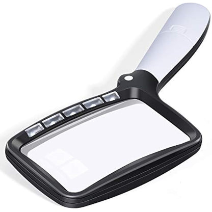 Kaome Rectangular Magnifying Glass with Light Magnifier Large Foldable Handheld 5 LED, 2 Dimming Modes, 2X Magnifying Reading for Seniors Low Vision Books Pages Magazines Newspapers Maps Jewelry