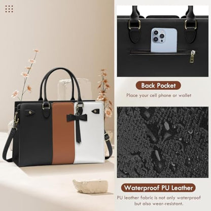 RAINSMORE Laptop Bags for Women PU Leather Work Bags for Women Tote Bag Large Handbag Shoulder Bag for Office 15.6 Inch Bussiness Black with White and Brown