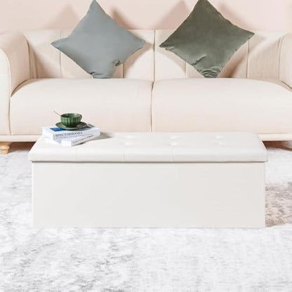 Bonlife Folding Ottoman Storage Bench with Cushion Kids Toy Box Cube Foot Stool Faux Leather Large Storage boxes with Lid,White,110 x 38 x 38 cm