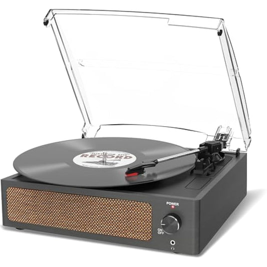 Vinyl Record Player with Speaker Vintage Turntable for Vinyl Records, Belt-Driven Turntable Support 3-Speed, Wireless Playback, Headphone, AUX-in, RCA Line LP Vinyl Players Retro Black