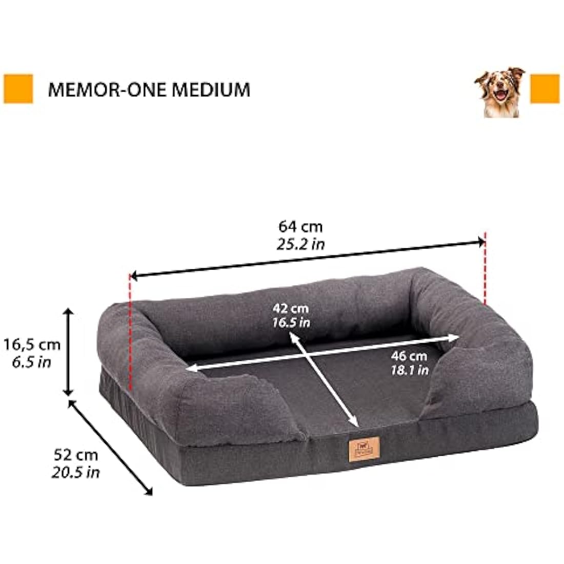Ferplast Dog Bed Dog Cushion Dog Bed Medium Memory Foam Dog MatOrthopedic Dog Bed and Sofa Dog Mattress Washable 64 x 52 x h 16,5 cm. Grau