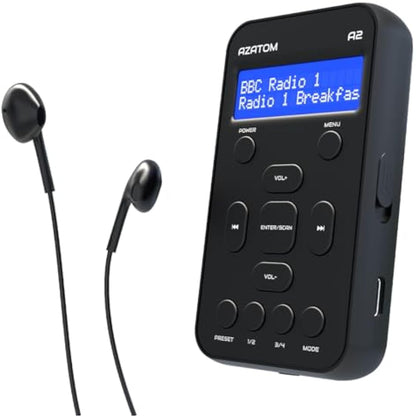 Portable DAB/DAB+ & FM Digital Radio | Sports Earphones Included | Clear Digital Display | Rechargeable Battery (10-12 Hours) | Perfect for Sports, Hiking or Working | AZATOM A2 (Black)