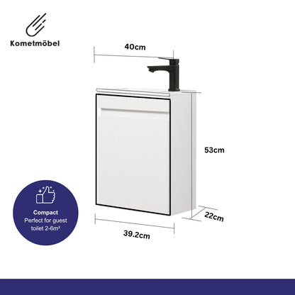 Kometmöbel 400mm Wall Hung Cloakroom Vanity Unit with Basin - Compact Slimline Bathroom Storage Cabinet Pre-Assembled White 40cm, Excl. Waste & Tap