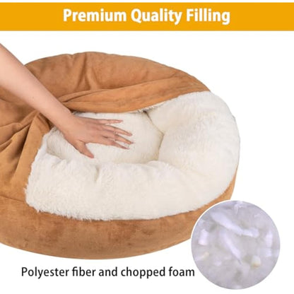MICOOYO Hooded Dog Bed Mediuml, Cozy Donut Dog Blanket Bed for Doggie, Claming Pet Caved Bed for Cats Puppies (Medium, Wheat)