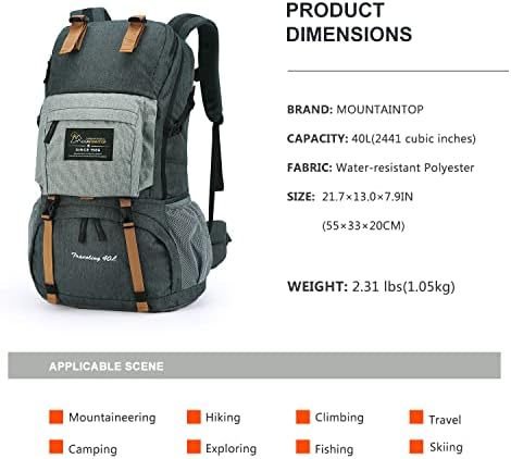 MOUNTAINTOP 40L Hiking Backpack Water Resistant Mens Women Rucksack for Trekking, Traveling, Camping, Cycling, Climbing