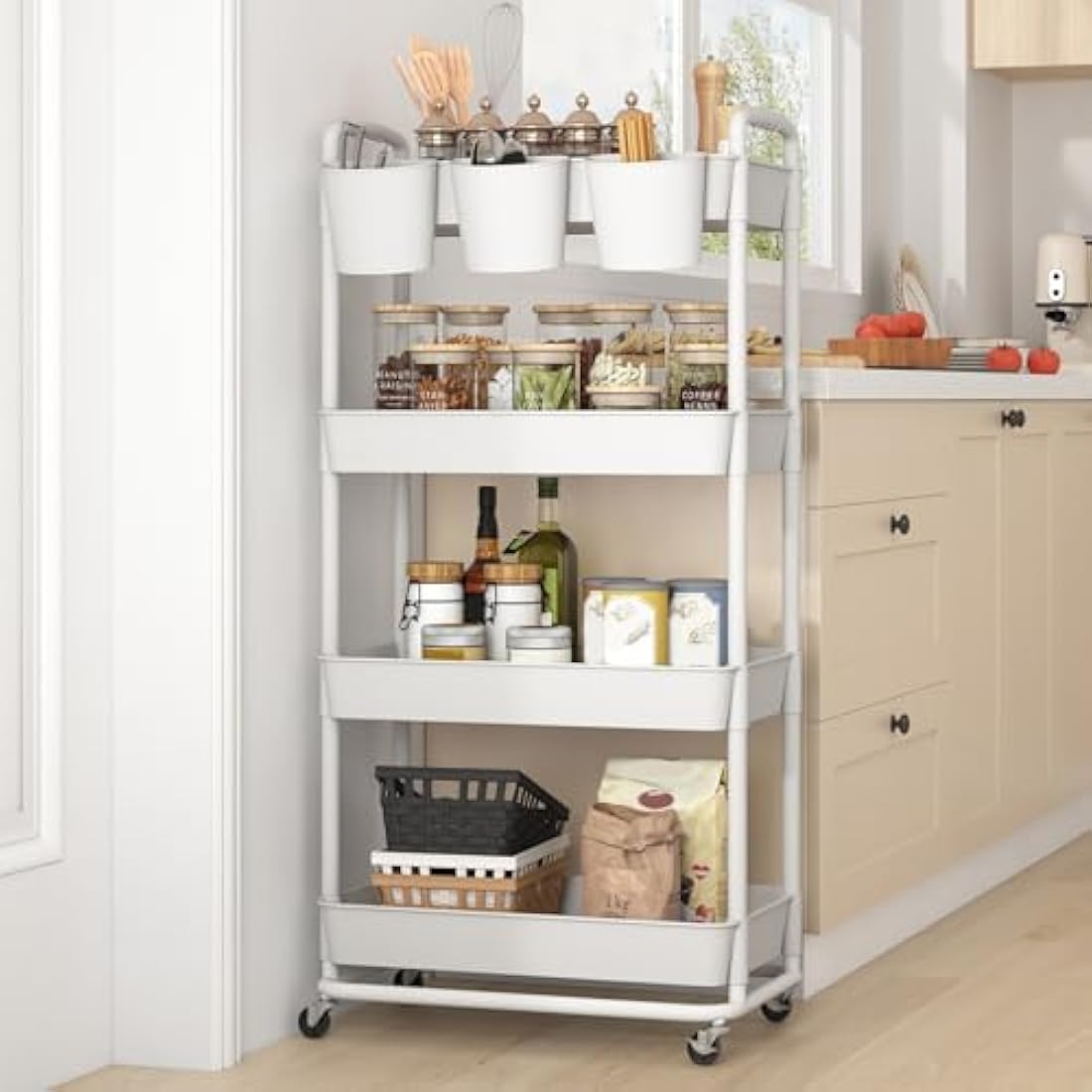 JIUYOTREE 4-Tier Plastic Rolling Storage Cart Utility Cart with Extra Hanging Cups Handles Lockable Wheels for Living Room Bathroom Kitchen Office White
