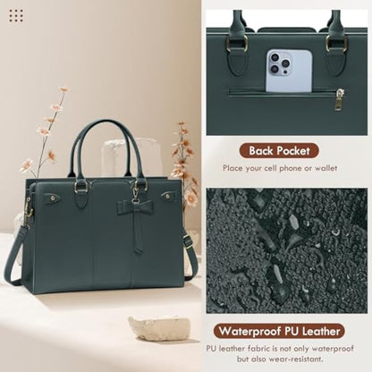 RAINSMORE Laptop Bags for Women PU Leather Work Bags for Women Tote Bag Large Handbag Shoulder Bag for Office Bussiness 15.6 Inch Dark Green