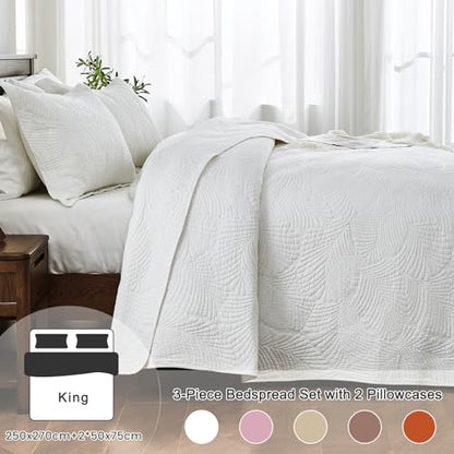 Qucover Quilted Bedspreads Soft and Comfortable Cotton Bedspread Super King Size with Elegant Embroidered Palm Leaf Pattern, 3 Pieces Bedspreads