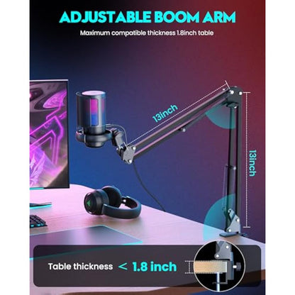 QIUOIO RGB Gaming Microphone with Boom Arm: USB Mic for PC - Streaming & Podcast Microphone Accessory - Suitable for YouTube & TikTok