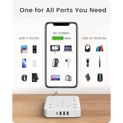 LENCENT 3M Extension Lead with USB C Port (3250W 13A), 4 Way Outlets Power Strip with 1 USB-C and 3 USB Slots, Multi Power Plug Extension with 3M Braided Extension Cord for Home Office- White