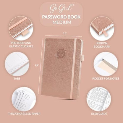 GoGirl Password Book with Alphabetical tabs – Internet Address & Password Keeper Logbook for Password Organization, Journal Notebook for Saving Website Logins. Medium Size 13.5 x 19cm - Rose Gold