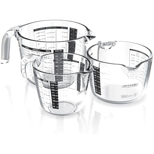Arendo Set of Glass Measuring jugs, 250ml, 500ml, 1000ml (0.2l 0.5l 1l), Glass Measuring Cup, Transparent Borosilicate - Measuring jug, Accurate Scales, Microwave Safe
