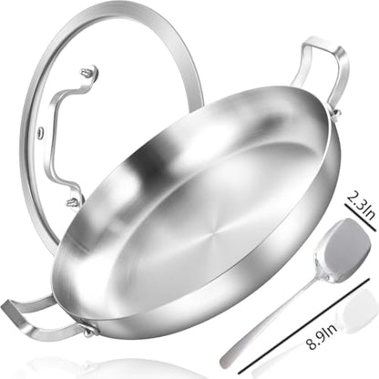 Inqibee 30 CM Tri-Ply Stainless Steel Paella Pan with Lid,Induction Cooking Frying Pan,Even Heating and Oven Safe