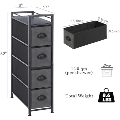 LIANTRAL Vertical Slim Chest of Drawers with 4 Fabric Drawers, Fabric Chest of Drawers Storage Tower Large Capacity Dresser for Bedroom Living Room Bathroom Entrance Narrow Space, Black and Dark Grey