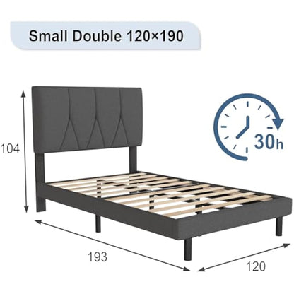 Yocreat Small Double Bed Frame, Dark Grey, Upholstered Wooden Slat Bed Frame with Headboard, Easy Assembly, Underbed Storage, No Box Spring Needed 120×190