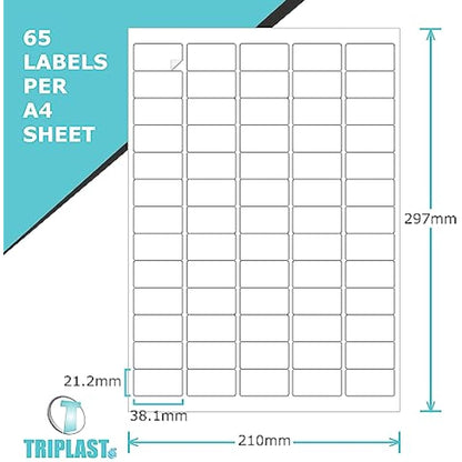 Triplast 100 x Multipurpose A4 Label Sheets - 65 Labels Per Sheet (38 x 21mm Each) - Easy Peel White Labels for Inkjet & Laser Printer - Address Labels, Shipping Labels, File Labels, DIY Stickers