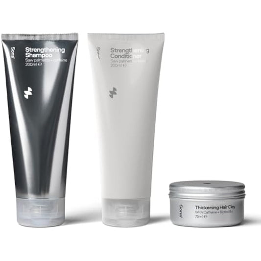 Sons Hair Strengthening Treatment Plan. Hair Growth Shampoo & Conditioner Plus Hair Styling Clay. DHT-blocker, Hair Thickening and Anti-Dandruff With Caffeine. 1 Month Supply. Made in Europe.