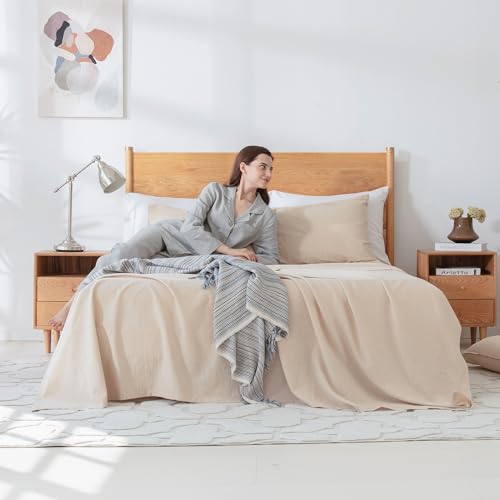 Simple&Opulence Double Flat Sheet,55% Linen 45% Cotton Luxury Cool Bed Sheet,Super Soft and Easy Care Flat Top Sheet,228 x 255 cm, Linen/Beige