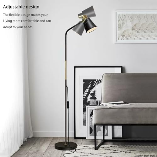 Floor Lamp, Industrial Floor Lamps Corner Lamp Rustic Farmhouse Standing Lamp, Adjustable Metal Heads Indoor Task Lighting Reading Floor Lamps for Living Room, Bedroom, E27 Socket (Black)