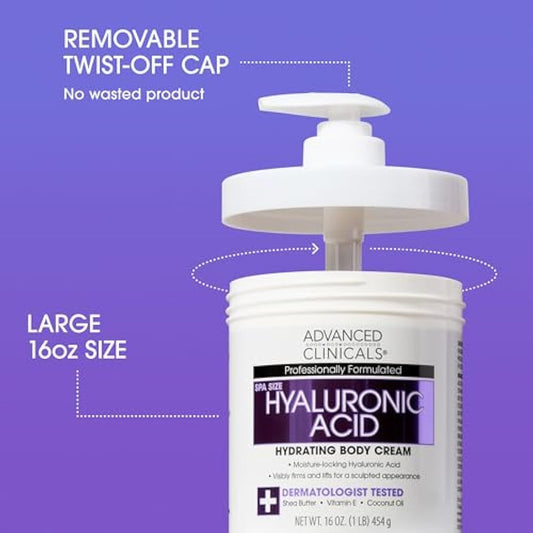 Advanced Clinicals Anti-aging Hyaluronic Acid Cream for face, body, hands. Instant hydration for skin, spa size. (Two - 16oz)
