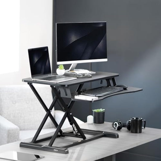 VIVO Standing 81 cm Desk Converter, Height Adjustable Riser, Sit to Stand Dual Monitor and Laptop Workstation with Wide Keyboard Tray, Black, DESK-V000K
