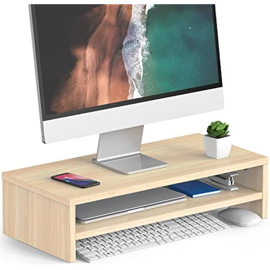 FITUEYES Monitor Stand 2 Tiers Computer Monitor Riser,54cm Wood Desktop Stand for Laptop Computer Screen Riser, with Storage Shelf, Office Supplies, Desk Organizer, Oak