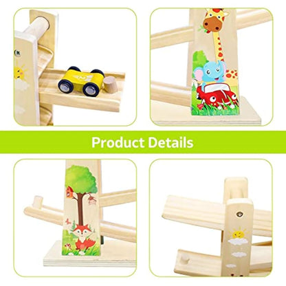 Wooden Car Ramp Toy Zig Zag Cars Slide|Toddler Toys Wooden Race Track with 4 Wood Cars for 1 2 Year Old Boy Gifts