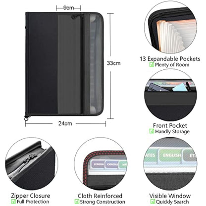 TRANBO 13 Pockets Expanding File Folder with Zipper Closure, A4 Plastic Document Wallet Organizer with Handy Front Pocket for Personal Office Stationary Storage