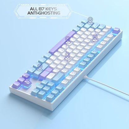 MageGee 75% Mechanical Gaming Keyboard with Red Switch, LED Blue Backlit Keyboard, 87 Keys Compact TKL Wired Computer Keyboard for Windows Laptop PC Gamer - White/Blue