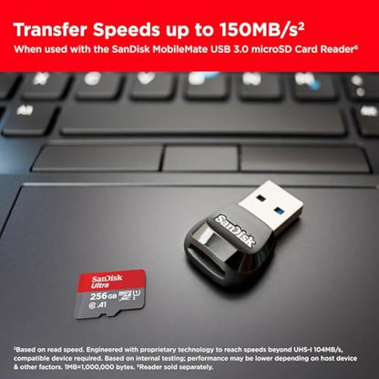 SanDisk 256GB Ultra microSDXC card + SD adapter, Memory card Full HD, up to 150 MB/s, For smartphones and Tablets, with A1 App Performance, UHS-I, Class 10, U1