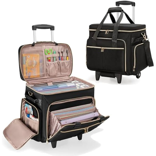 Prokva Rolling Teacher Bag with Wheels, Detachable Trolley, Fits 15.6” Laptop & Supplies, Black Patent Design