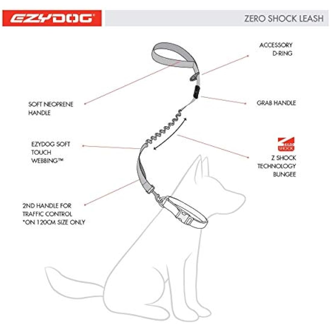 EzyDog Zero Shock Dog Lead | Shock Absorbing Traffic Control, Denim, 48 Inch