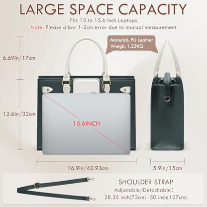 RAINSMORE Laptop Bags for Women PU Leather Work Bags for Women Tote Bag Large Handbag Shoulder Bag for Office Bussiness 15.6 Inch Dark Green and Beige