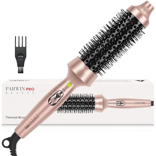 Parwin Pro Beauty Thermal Brush, 1.3"/35mm Heated Round Brush, Ionic Hot Brush Create Shinier & Smoother Curls, Not for Blow Drying, Fast Heating, Dual Voltage, 60Mins Auto Shut Down, Gold