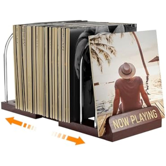 HULISEN Expandable Vinyl Record Storage, 30-70 LPs Adjustable Now Playing Record Holder for Albums, Wood Now Spinning Vinyl Record Stand Display Rack Organizer, Gift Package, Effortless Assembly