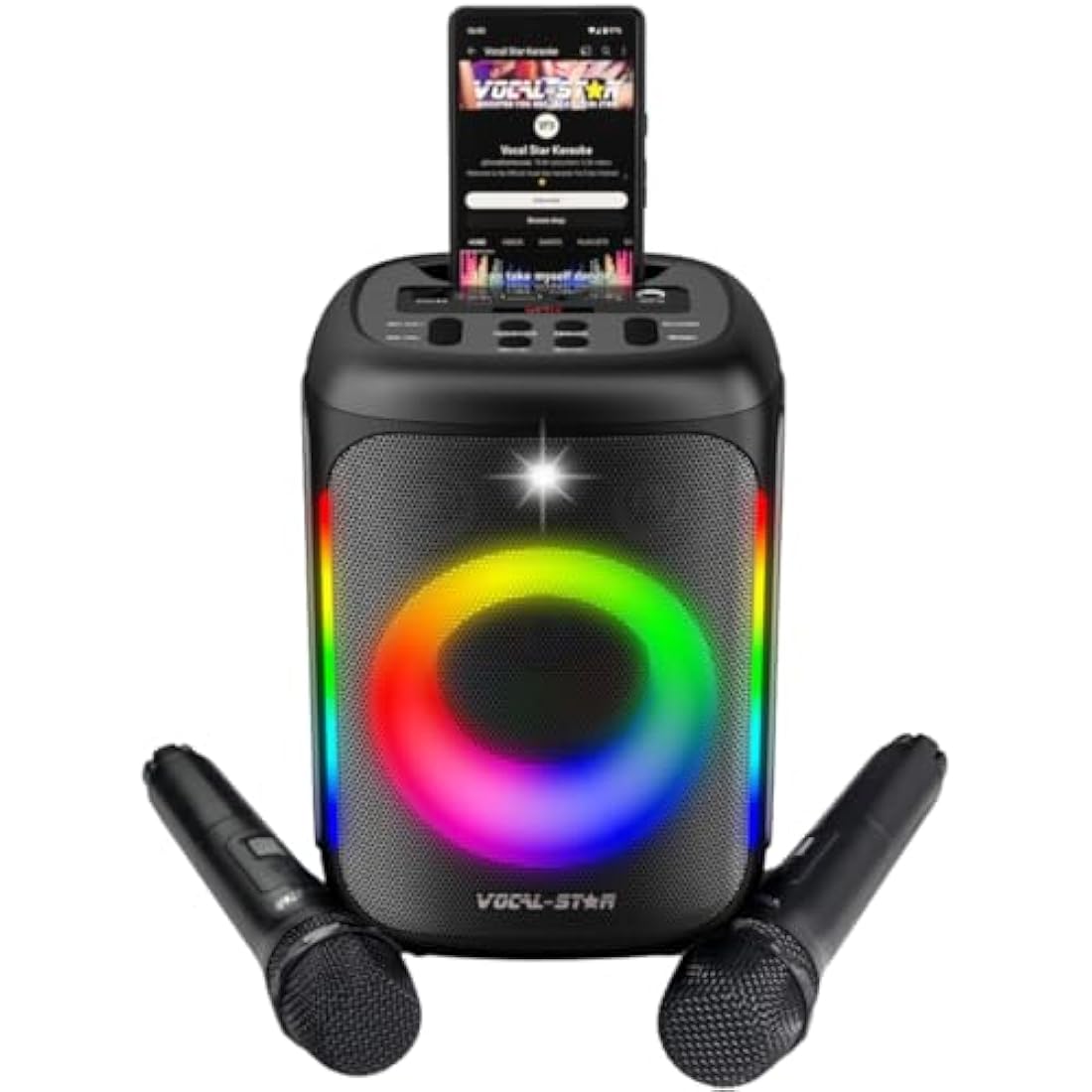 Vocal-Star VS-275 Karaoke Machine with 2 Wireless Microphones, Portable Bluetooth Speaker with phone holder, 80w Speaker, Light Effects, Records Singing, TWS, AUX, Rechargeable