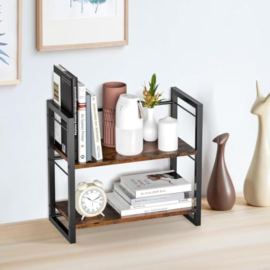 THYGIFTREE Office Desk Shelf Organizer, Wood Desktop Bookshelf Supplies Storage Rack, Shelf for Top of Desk and Dresser (BROWN)