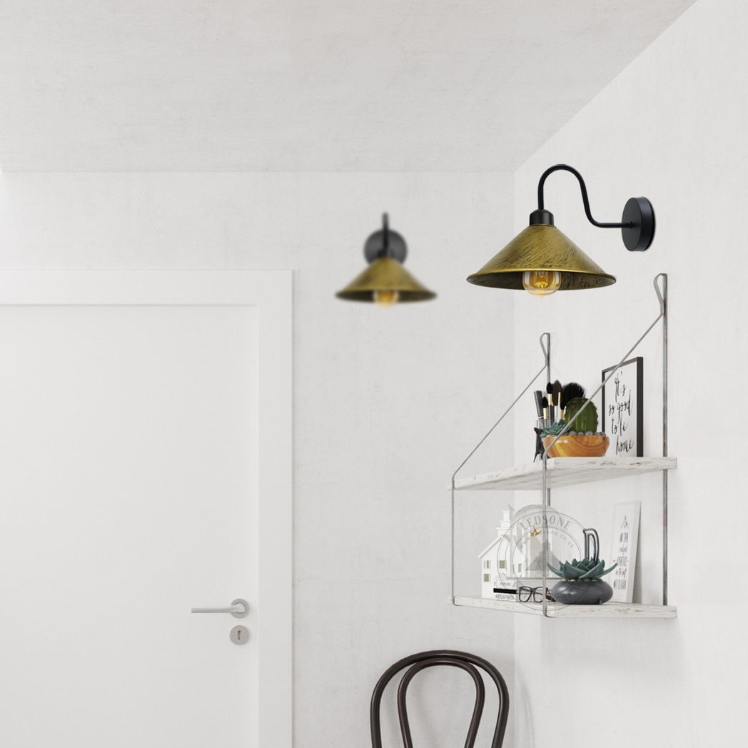 Brushed Brass Wall Light Fixture,Black Wall Sconce E27 Base Socket Screw Type Wall Mounted Swan Neck Cone Shape Shade