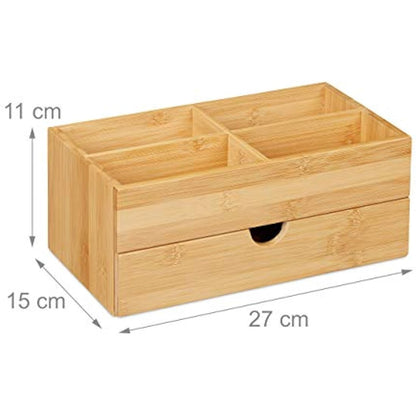 Relaxdays Bamboo Cosmetics Organiser, Multifunctional, 4 Compartments & Drawer, Desk Storage, Natural