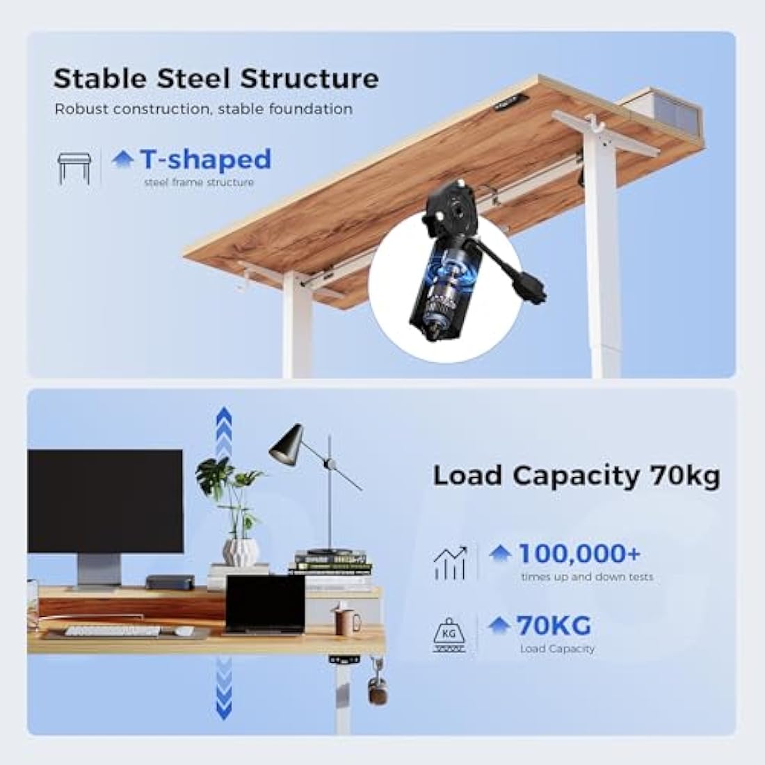 Agilestic Electric Adjustable Height Desk with 2 Drawers, 120 x 60 cm, Stable Sit-Stand Desk with Memory Control, Ergonomic Computer Desk, Light Brown