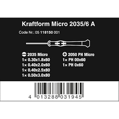 Wera 2035/6 A Kraftform Micro Screwdriver Set, for electronic applications, PH/SL, 6 Piece, 05118150001