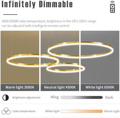 Mikeru 40+60+80cm Minimalist Pendant Lights, Dimmable 10% to 100% Gold Height Adjustable Pendant Lights with Memory Function 3000K/4500K/6500K LED Pendant Lights for Kitchen Island