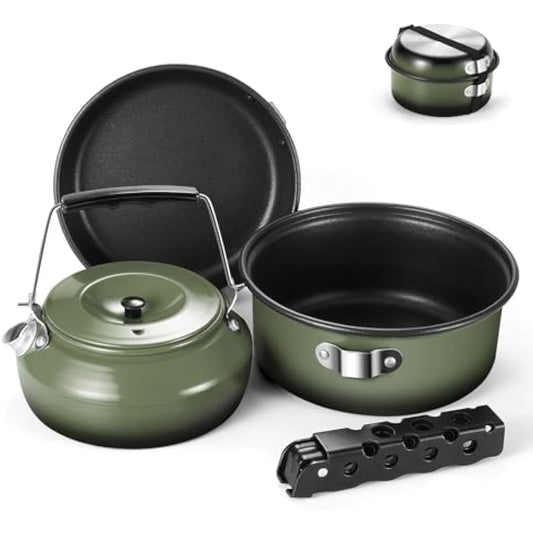 Odoland 5pcs Camping Cookware Mess Kit, Non-Stick Lightweight Pot Pan Kettle Set with a removable handle - Perfect for Backpacking, Camping, Hiking, and Picnic
