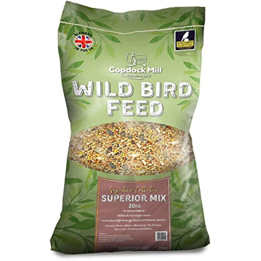 Copdock Mill Wild Bird Seed Superior Mix 20kg - All Year-Round Bird Seeds for Small Garden Birds - 100% Natural Nutritional Feed with Black Sunflower and Nyjer Seeds