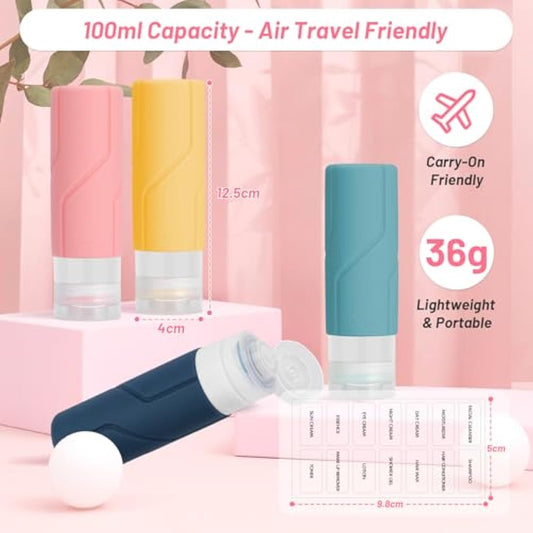 Alyvisun 4 Pack Silicone Travel Bottles for Toiletries, [Refillable & Leak-proof] Travel Containers, 100ml Small Size Squeezy Bottles for Shampoo, Lotion, Cosmetic, Mixed Colors