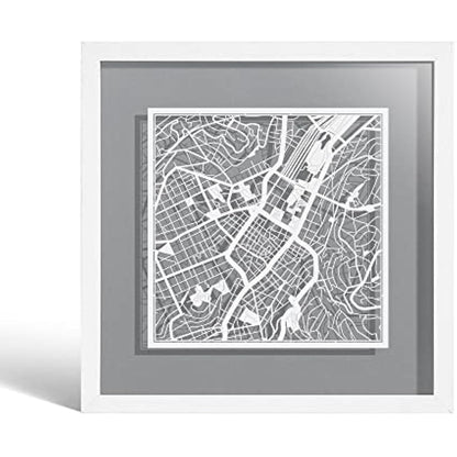 O3 DESIGN STUDIO Stuttgart Paper Cut Map framed, White map, White frame, 9x9 inches, Gift Boxed, 4 background color, self-changing, Paper Art
