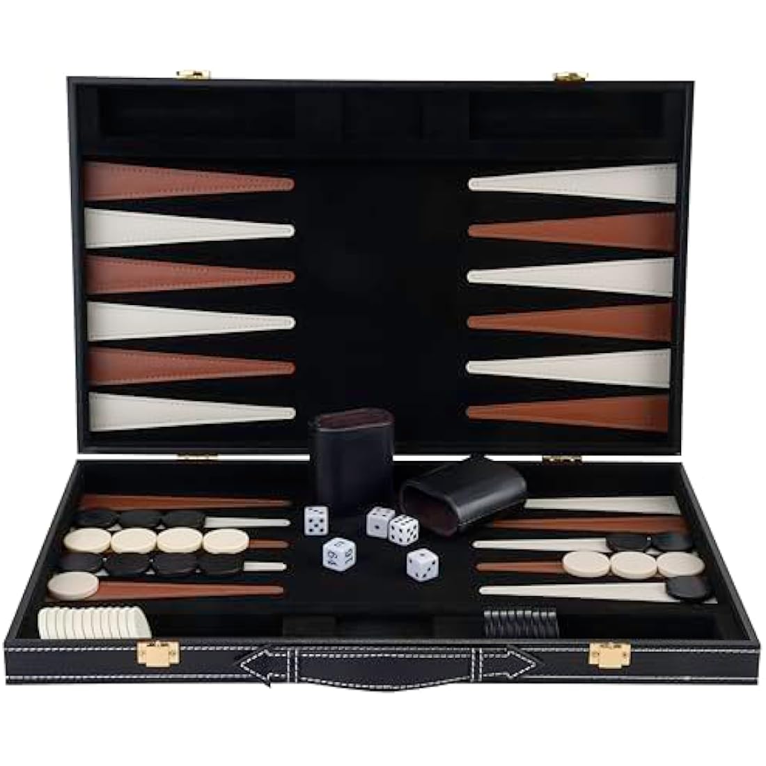Engelhart – 250504 – Deluxe Backgammon Game 18” – Brown/Ivory – Open: 45.5 x 30.5 x 6 cm –Felt interior – Faux leather points – Metal clasps – 2 players – 5 dice, 2 cups matching checkers