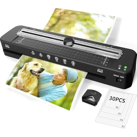 A3 Laminator Machine with 30 Laminating Sheets for A3/A4/A5/A6, Built-in Paper Cutter & Corner Rounder, Cold & Thermal Laminator for Classroom, Home Office, School