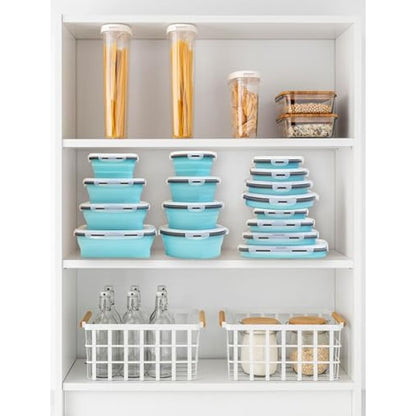 Lunememo Pack of 16 Foldable Food Storage Boxes with Lid, Collapsible Lunch Box, Foldable Silicone Bowl for Snacks, Meals, Leftovers, On the Go and Home, Blue