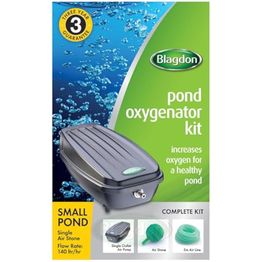 Blagdon Pond Water Oxygenator Kit, 1 Outlet Aeration Air Pump for Small Ponds up to 1000 litres, Green